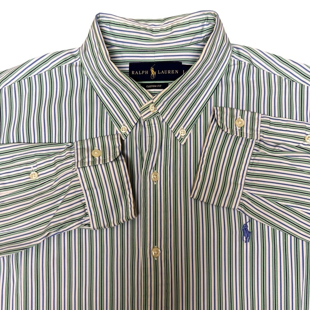 Ralph Lauren Shirt L Blue Green Stripe Colorful Classic Button Long Sleeve Mens
